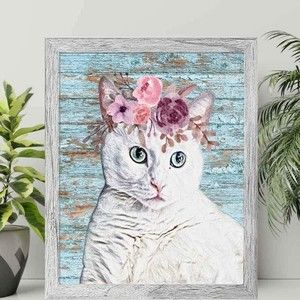 Framed 8x10 White Cat Floral Rustic Print